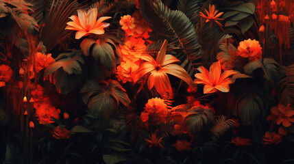 Fototapeta na wymiar Orange Lush Botanical Flowers and Leaves Background with Neon Luminescent Glow - Muted and Grainy Overlay Effect 