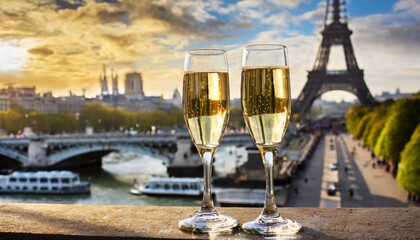 two glasses of champagne or wine couple in paris romantic celebration of engagement or anniversary