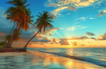 Fototapeta na wymiar Sunset at the Beach with Palm Trees, Ocean Shore with Palm Trees and Sunset, Tropical Paradise with Palm Trees and Sunset, Serene Beach Scene with Palm Trees and Sunset. generative ai
