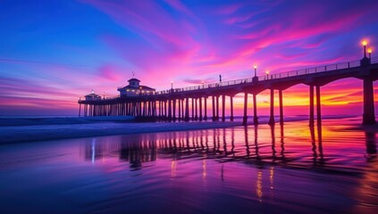 Pier at Sunset, Glowing Pier Reflection, Majestic Pier in Pink Sky, Serene Ocean Scenery with Pier.