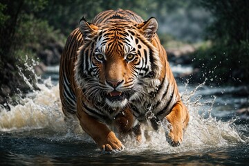 Fototapeta na wymiar Siberian tiger running in the water with water splashing around