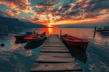 Sunset at the Dock, Peaceful Harbor Scene, Calm Waters and Boats, Serene Sunset by the Lake.