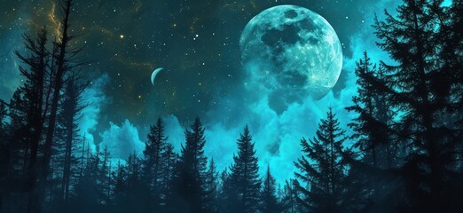 Moonlit Forest, Nighttime in the Woods, A Dark Night with a Full Moon, Lunar Illumination in the Trees.