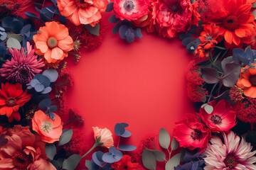 Vibrant red flowers elegantly frame the scene, with ample copy space at the center in a captivating red theme