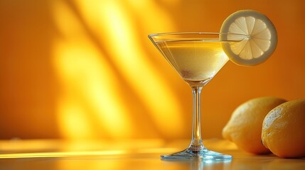 Sunny Citrus Martini, Golden Lemon Glass, Yellow Sunshine Cocktail, Fresh Fruit-Infused Martini.