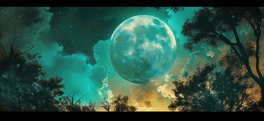 Nighttime Moonlight, Moonlit Forest Scene, Lunar Illumination, Nocturnal Moon Over Trees.
