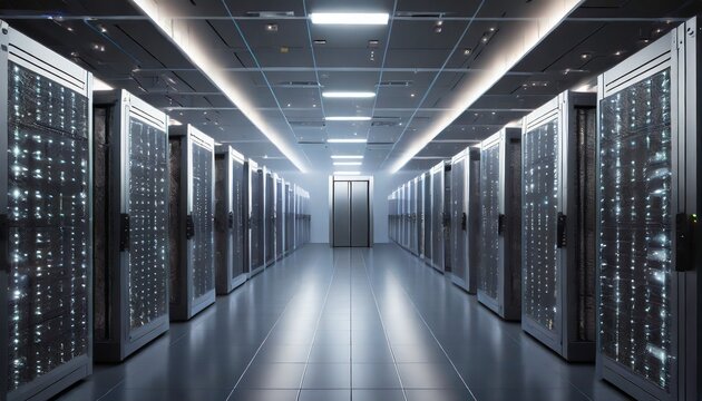 data center computer racks in network security server room cryptocurrency mining
