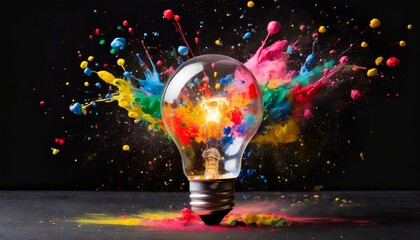 creative light bulb explodes with colorful paint and splashes on a black background think differently creative idea concept - obrazy, fototapety, plakaty