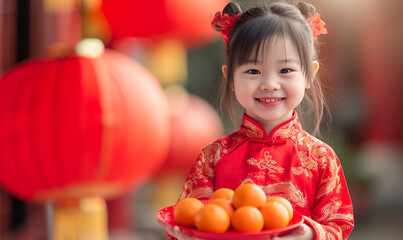 Fototapeta na wymiar A happy, cute Chinese girl wears a red traditional cheongsam. Holding oranges for worshiping the New Year of the Dragon, Chinese New Year 2024, Chinese Lunar New Year celebration.
