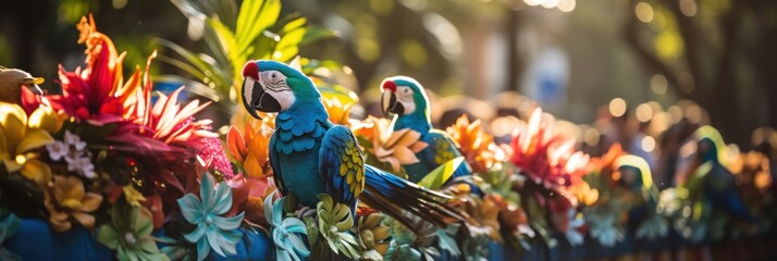 Naklejka premium Parrot sculptures adorning a festive float in tropical sunlight