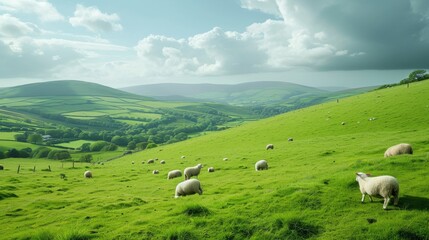 Herd of Sheep Grazing on Lush Green Hillside, St Patrick Day