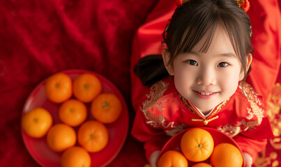 Fototapeta na wymiar A happy, cute Chinese girl wears a red traditional cheongsam. Holding oranges for worshiping the New Year of the Dragon, Chinese New Year 2024, Chinese Lunar New Year celebration.