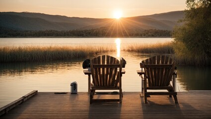 Two wooden chairs on a wood pier overlooking a lake at sunset - obrazy, fototapety, plakaty