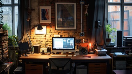 Working space in loft style with computer, camera and other equipment. AI generative