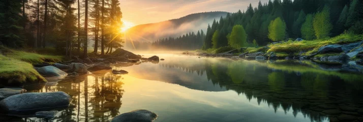 Gardinen Tranquil scene of a panoramic landscape with sunset and sky over idyllic lake and river with reflection © Wolfilser