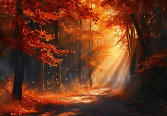 Autumn Path, Golden Forest, Sunlit Pathway, Fall Foliage.
