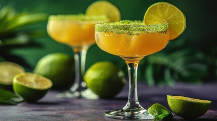 Freshly Squeezed Lime Margarita, Tropical Twist: Two Glasses of Margarita with Limes, Lime-Infused Cocktails: Two Margaritas on Ice, Savor the Flavor: Two Margaritas with Lemon and Lime Slices.