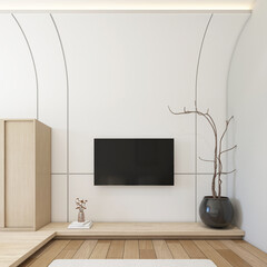 Modern japan style tiny room decorated with tv cabinet and wood wardrobe, wood floor and white curved wall. 3d rendering