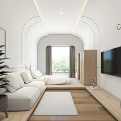 Modern japan style tiny room decorated with tv cabinet and minimalist sofa, white bed and white curved wall.3d rendering