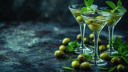 A Glass of Olive Oil Martini, Martini with a Twist - Olives and Mint Leaves, Sophisticated Cocktail Experience with Olive Oil Martini, Olives and Mint Leaves: A Unique Garnish for Martini.