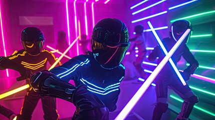 Group of young people playing laser tag game in neon light. Gaming concept