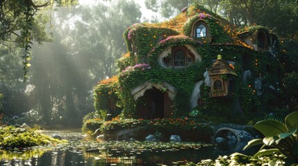 Fototapeta na wymiar Fantasy house made of green leaves and flowers in the garden