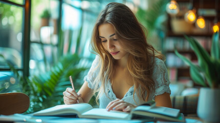 Portrait of a cute woman sitting at a table in a library and coworking space writing in her notebook. A young woman writes in a diary. Concept of education, work.