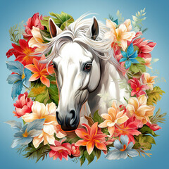 Image of white horse head with colorful tropical flowers. Farm animals., Mammals.
