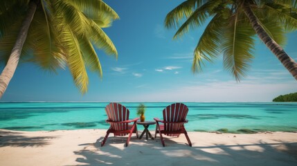 Fototapeta premium deckchairs under palm trees on a lonely sand island in the middle of the ocean