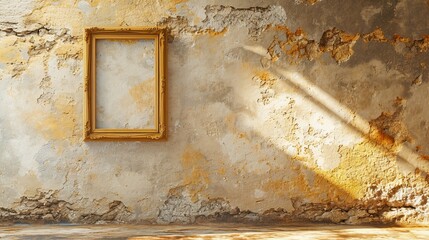Blank antique wooden picture frame hangs on an old stone wall with sunbeams