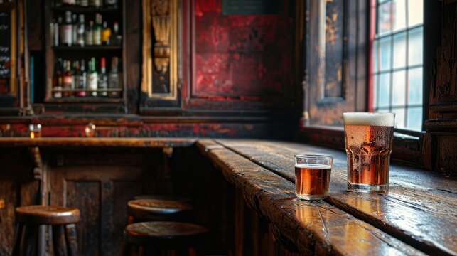 glass of lager beer stands at the bar in an old english or irish pub