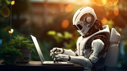 Humanoid robot working on computer, android worker technology concept