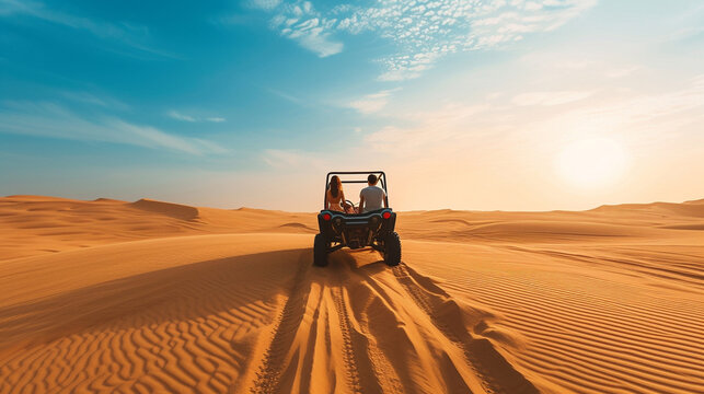 
A young couple rides in a buggy through the desert in the UAE.