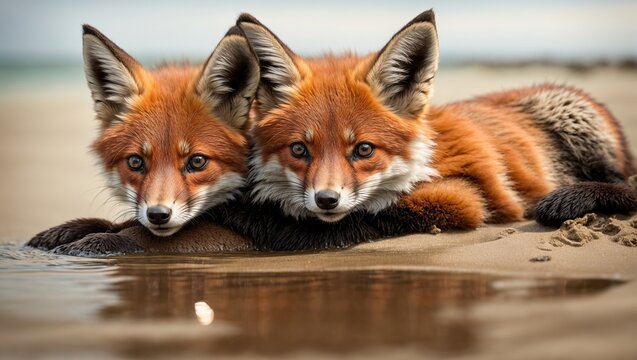 Wild baby red foxes cuddling at beach with water