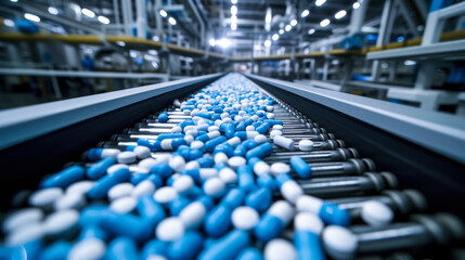 Capsules of blue flowers move along the conveyor of a modern pharmaceutical plant. Tablet production process. Medicine, technology concept.