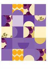 Modern square, circle geometric banner with fruits and leaves in purple and creamy yellow color. Geometry abstract print design with space for text.