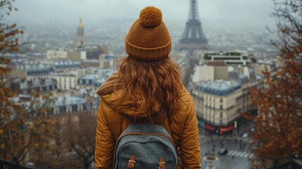 Woman tourist admiring urban vista on a Parisian street in France.