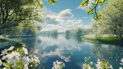 A Serene Lake Surrounded by Lush Trees and Green Grass, Spring