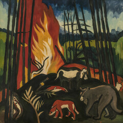 Bauhaus Expressionist painting with animals on fire in a forest. 
