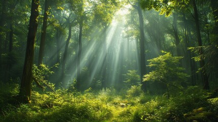 A lush, green forest with sunlight filtering through tall, ancient trees..