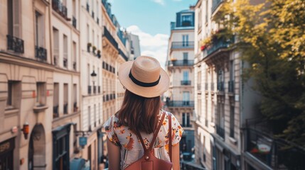 Woman traveler admiring urban scenery in the streets of Paris, France.