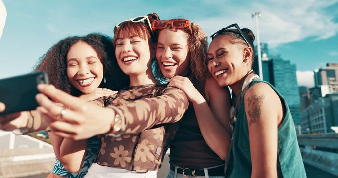 Selfie, cool or friends with smile in city on holiday vacation with youth culture, streetwear or fashion. Happy, trendy women or stylish urban clothing with social media, style or diversity together