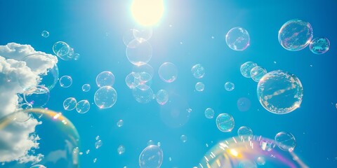 Fototapeta na wymiar Sparkling soap bubbles flying under the bright sun against a clear blue sky. joyful, light-hearted summer backdrop. ideal for children's content. AI