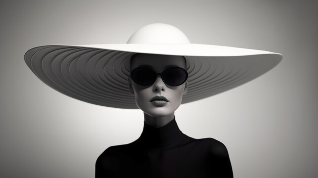 Minimalist black and white portrait of a woman wearing sunglasses and big  white hat