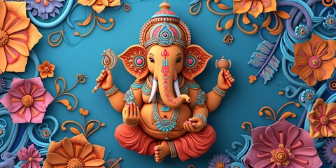 Colorful depiction of Hindu deity Ganesh on a decorative background, presented as a modern 3D wallpaper on a fortress. - obrazy, fototapety, plakaty