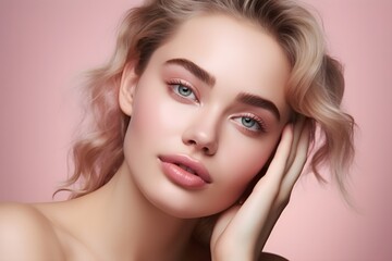 Naklejka premium Portrait of a woman, beauty, facial care, skin care, pink hair, blue eyes, pastel background 
