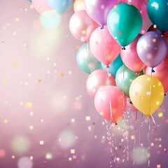 Happy birthday colorful balloons background with confetti celebration banner copy space Bokeh lights purple background