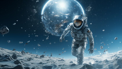 Portrait of astronaut dressed space suit and helmet stepping by the abandoned cold planet surface during colonization mission with incredible Natural satellite Moon on background. Space exploration