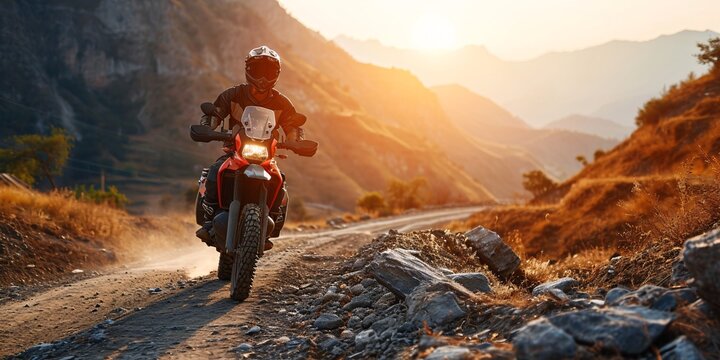 A skilled biker in complete gear riding an enduro motorcycle on a mountain road at sunset, with a 3D backdrop, representing the excitement of motorsport and high-speed adventuring.
