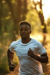 Running clears the mind of all worries. A young african american man running in park, male exercising in nature.